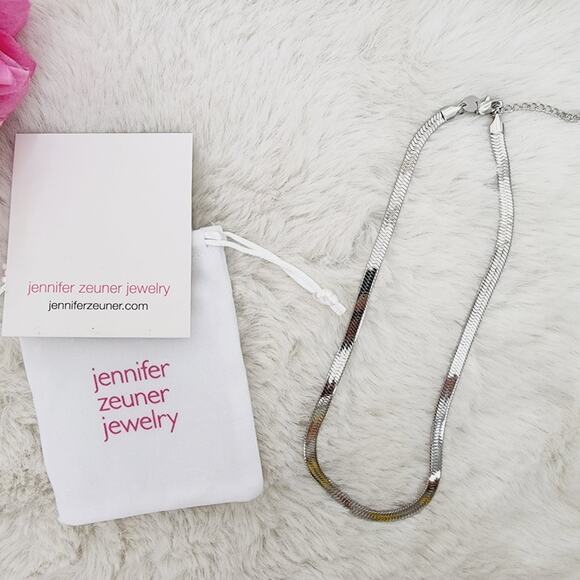 NWT Jennifer Zeuner Allie Snake Chain Necklace Silver Plated Rhodium Herringbone - Picture 1 of 9